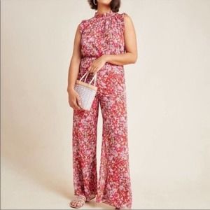 Anthropologie Ali & Jay Jumpsuit Red Ditsy Floral Wide leg open back L